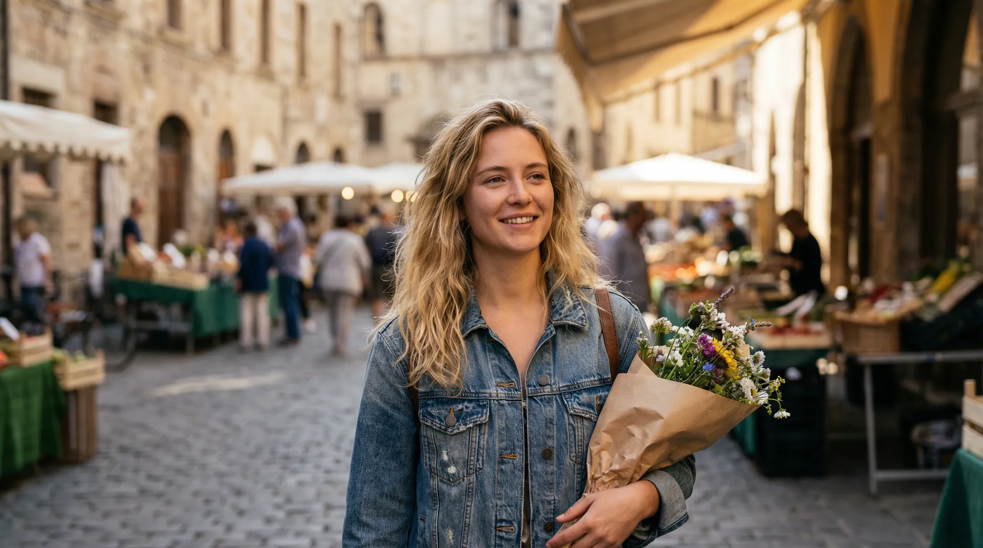 欧洲老城集市上手捧鲜花的东欧女子 - 街头搭讪 街头人物