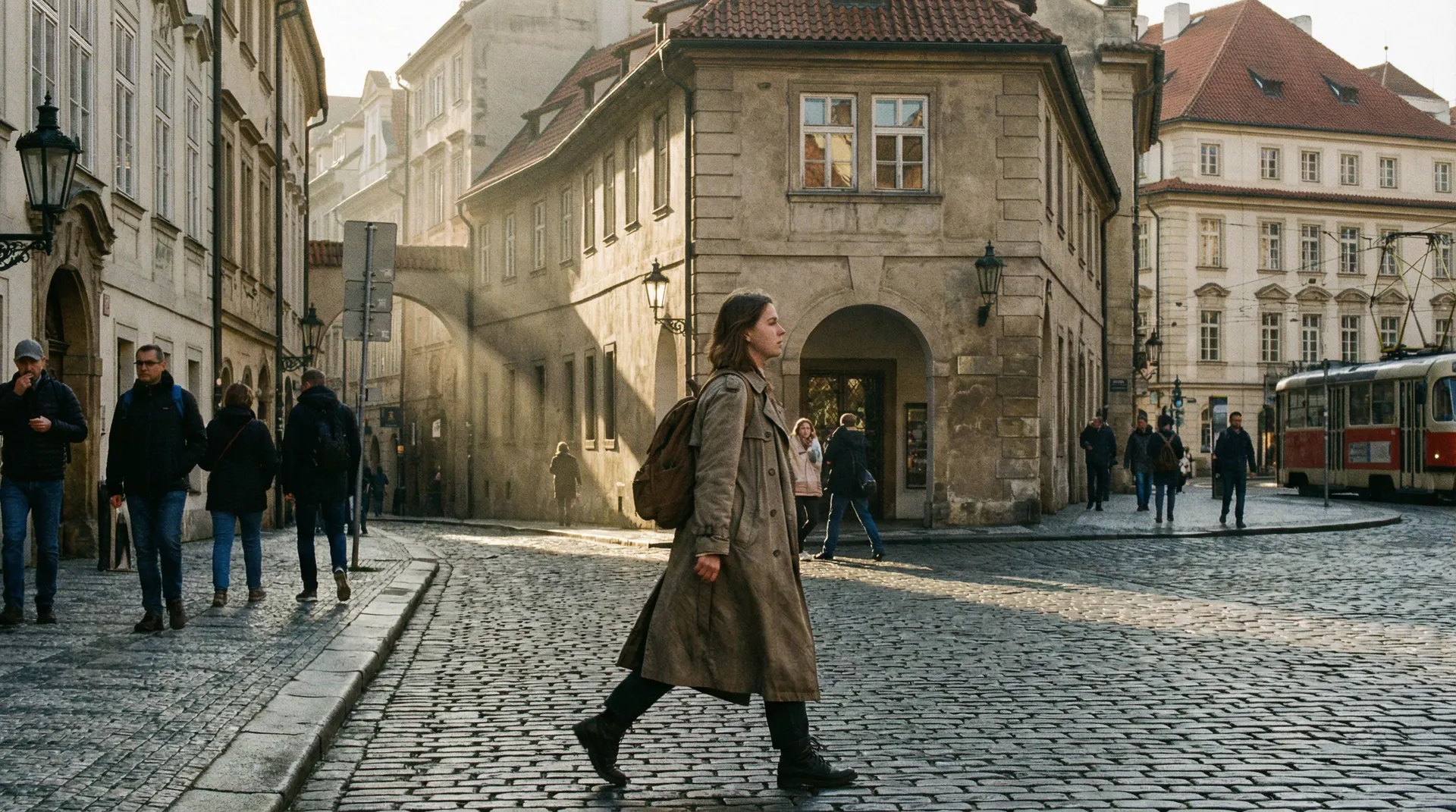 布拉格清晨街头行人穿越石板路 - 街头搭讪 日常纪实